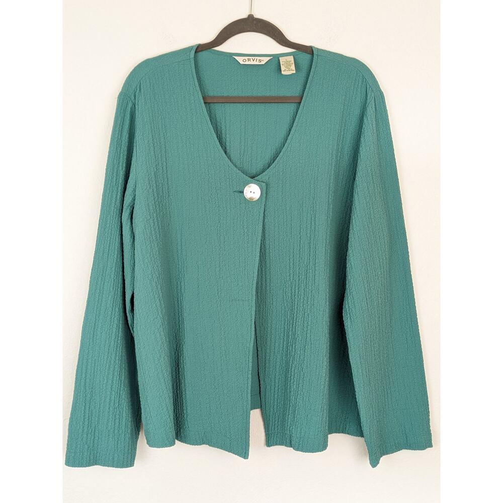 Orvis Cardigan Sweater Gauzy Mother of Pearl Blue Green Size L